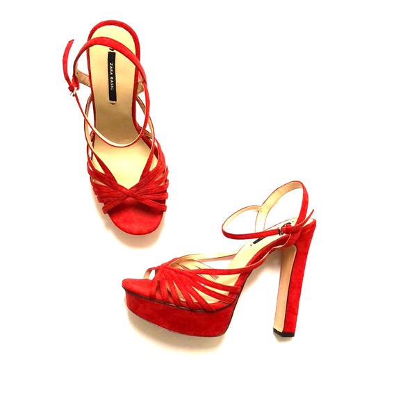 Zara Red Retro Platform Cage Sandal Heels 8 - Picture 2 of 6